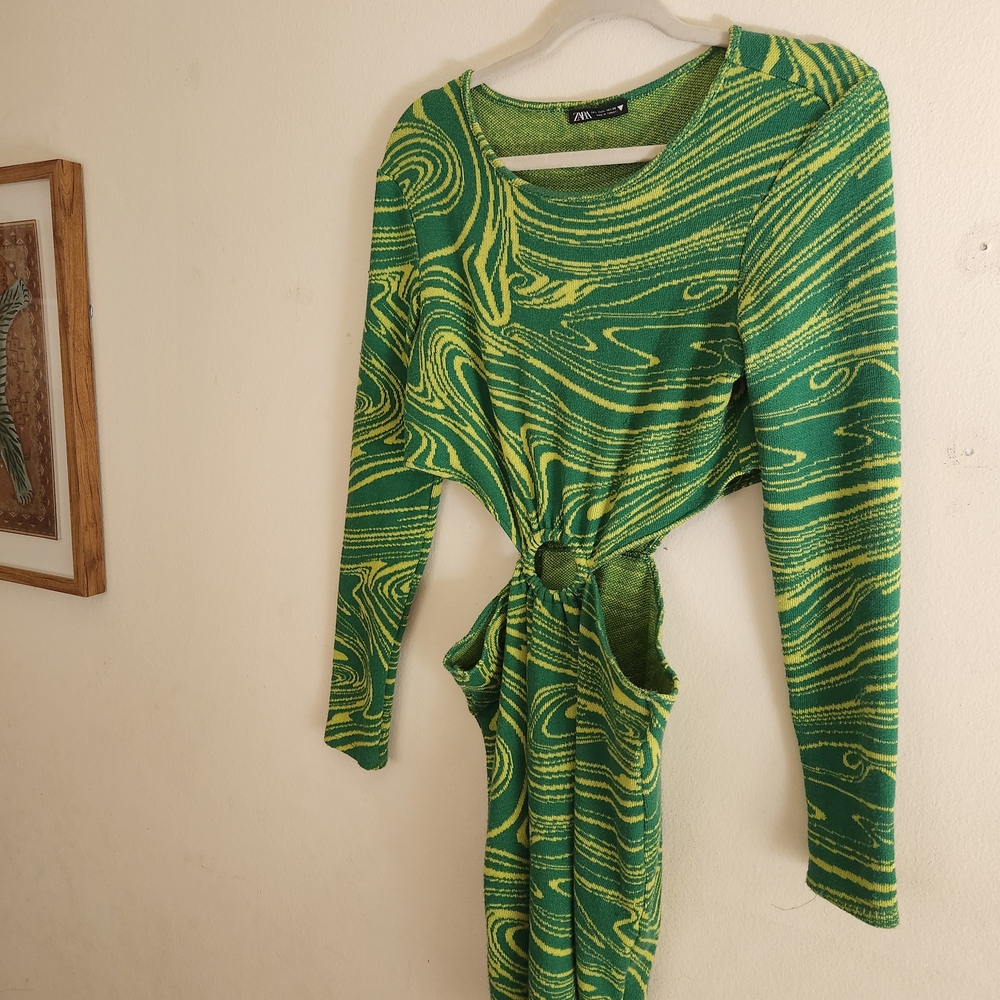 Zara Green and Yellow Swirl Long Sleeve Dress